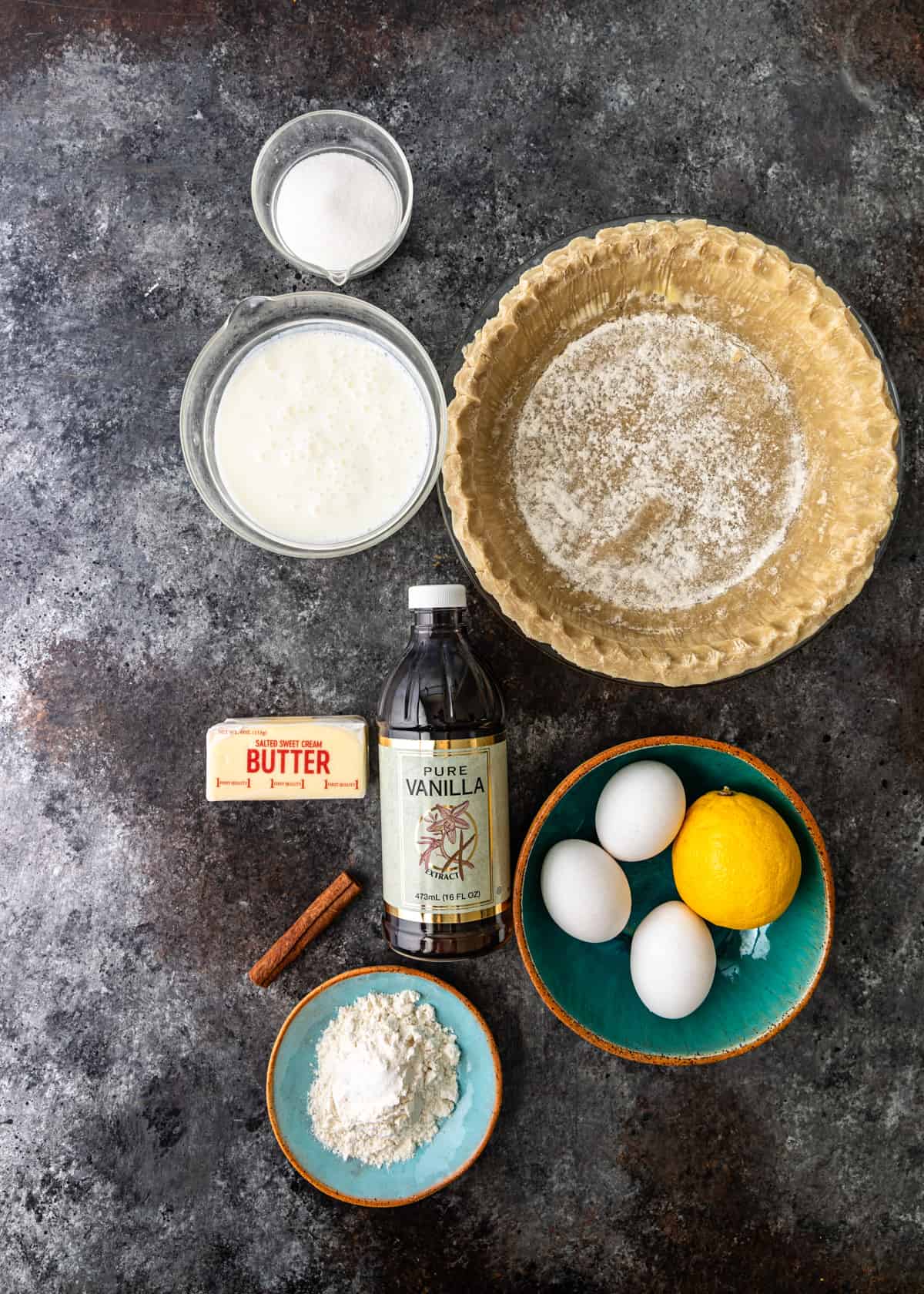 overhead: ingredients needed for this buttermilk pie recipe