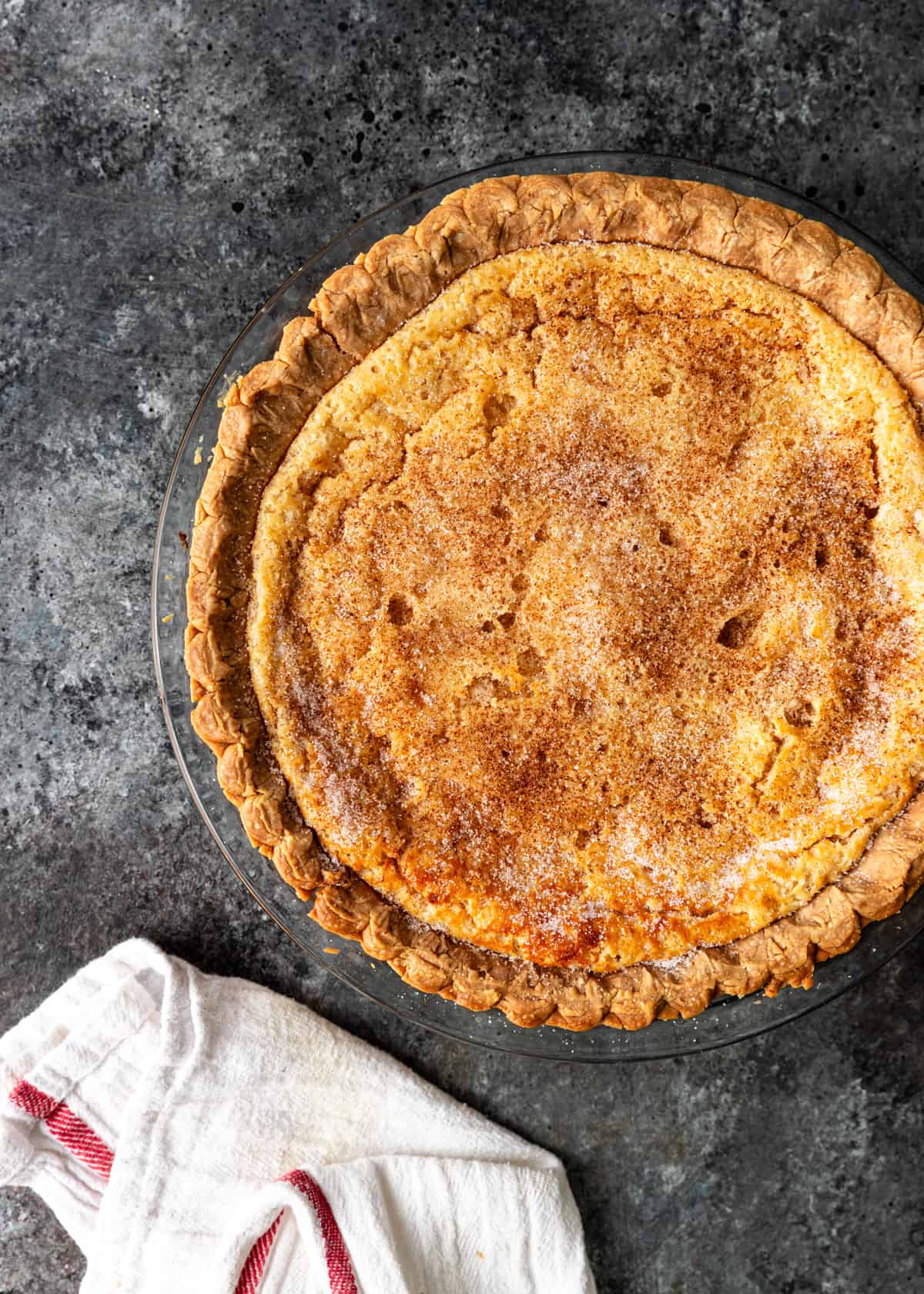 overhead: buttermilk pie recipe after being baked