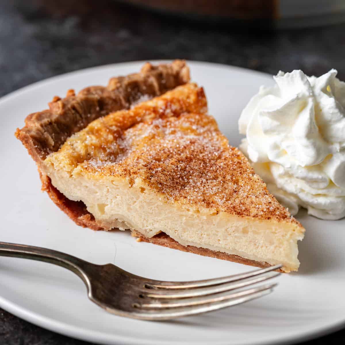 side view: a slice of buttermilk pie on a plate with whipped cream and a fork