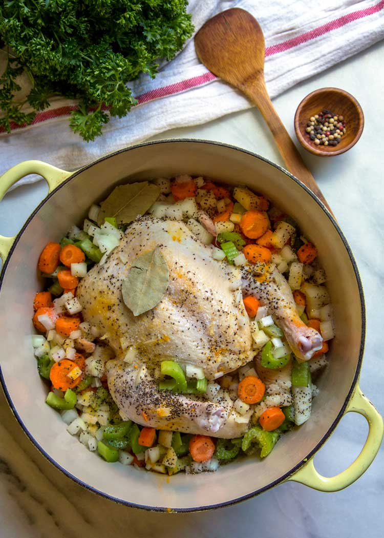 chicken in pot for Southern Chicken and Dumplings