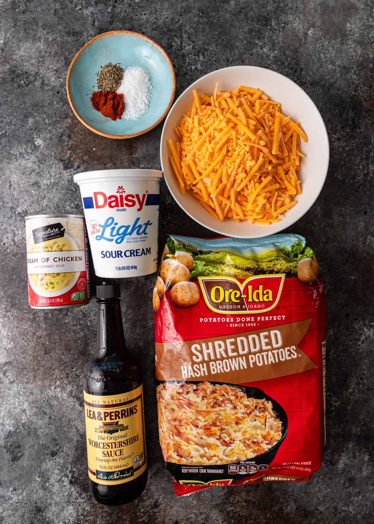 overhead: ingredients needed for this hashbrown casserole recipe