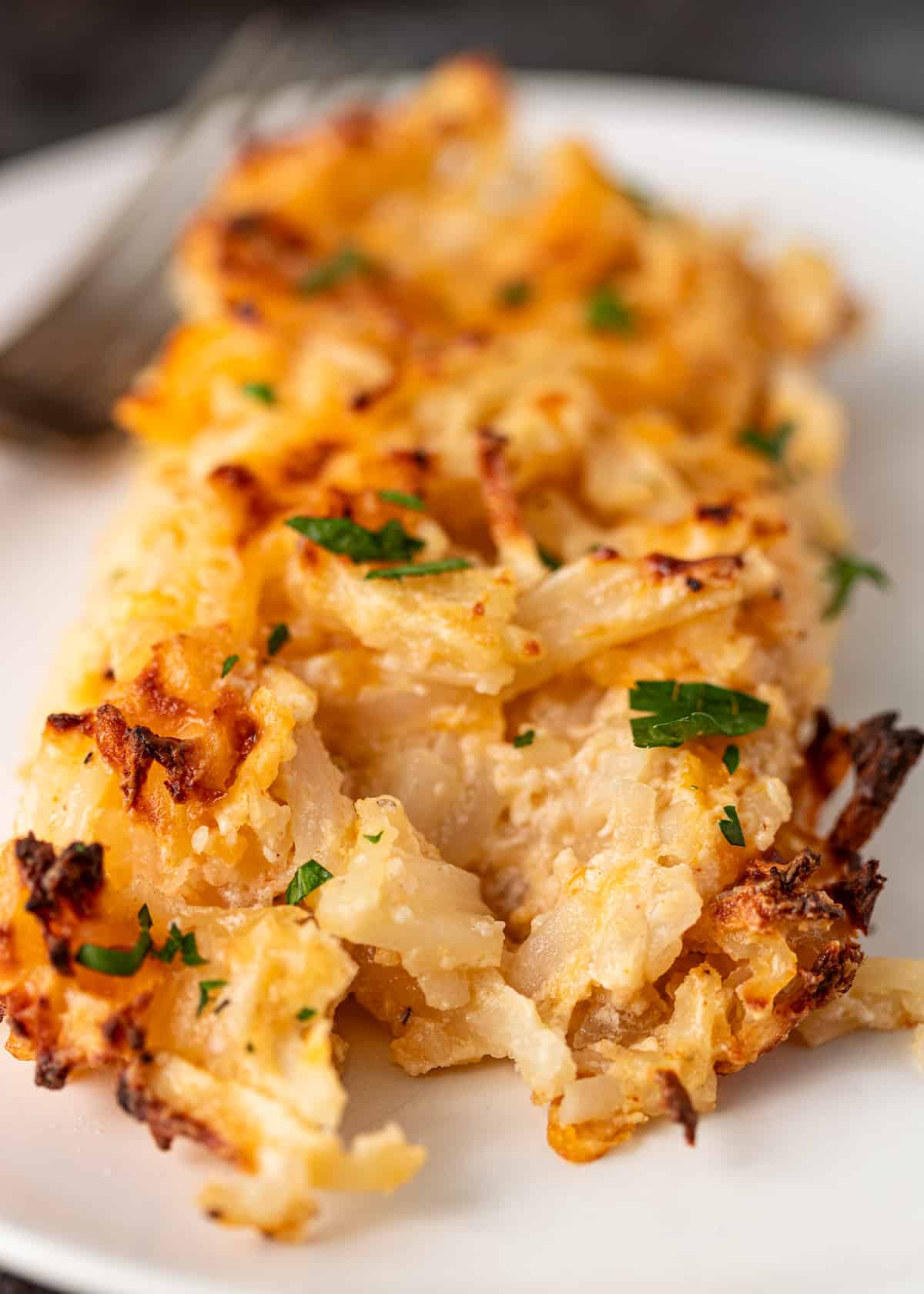 closeup: a slice of hashbrown casserole on a white plate
