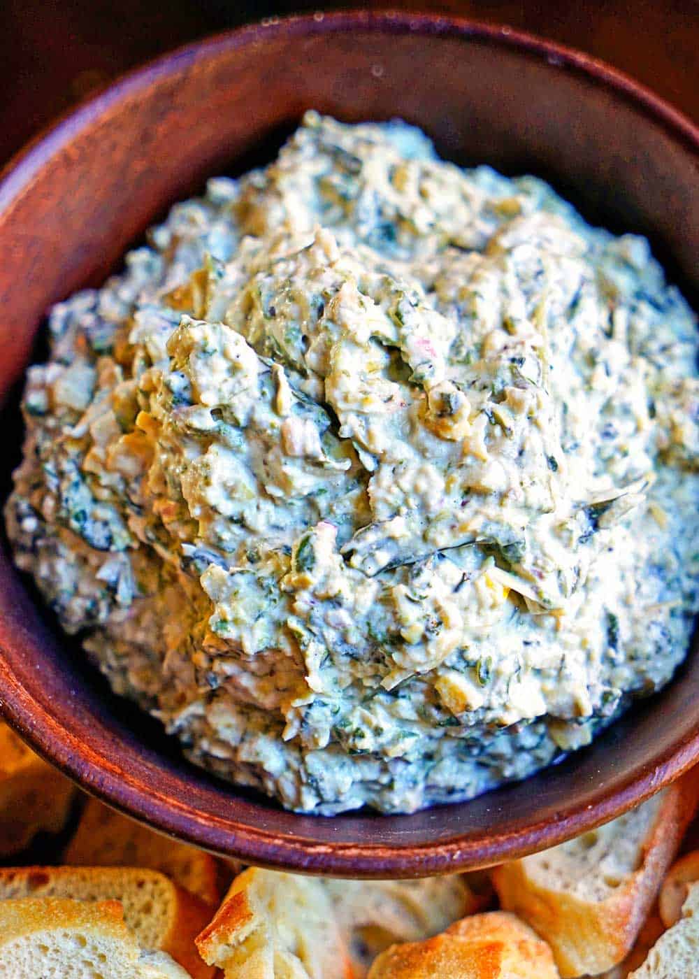 overhead photo of a bowl of Spinach Artichoke Dip