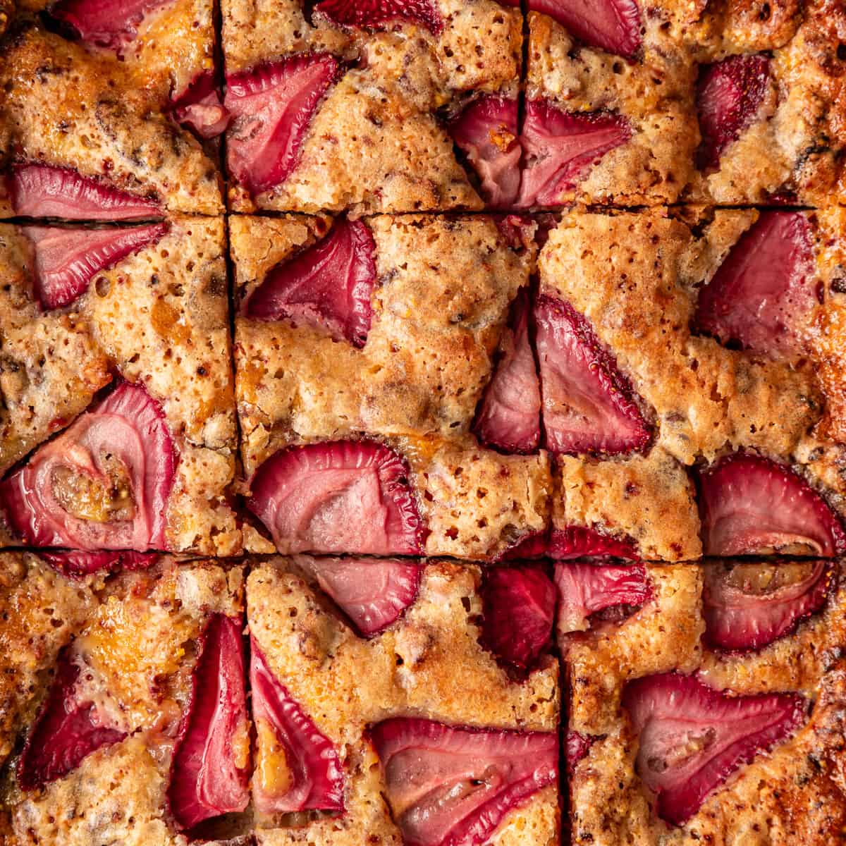 overhead closeup: strawberry cornmeal cake