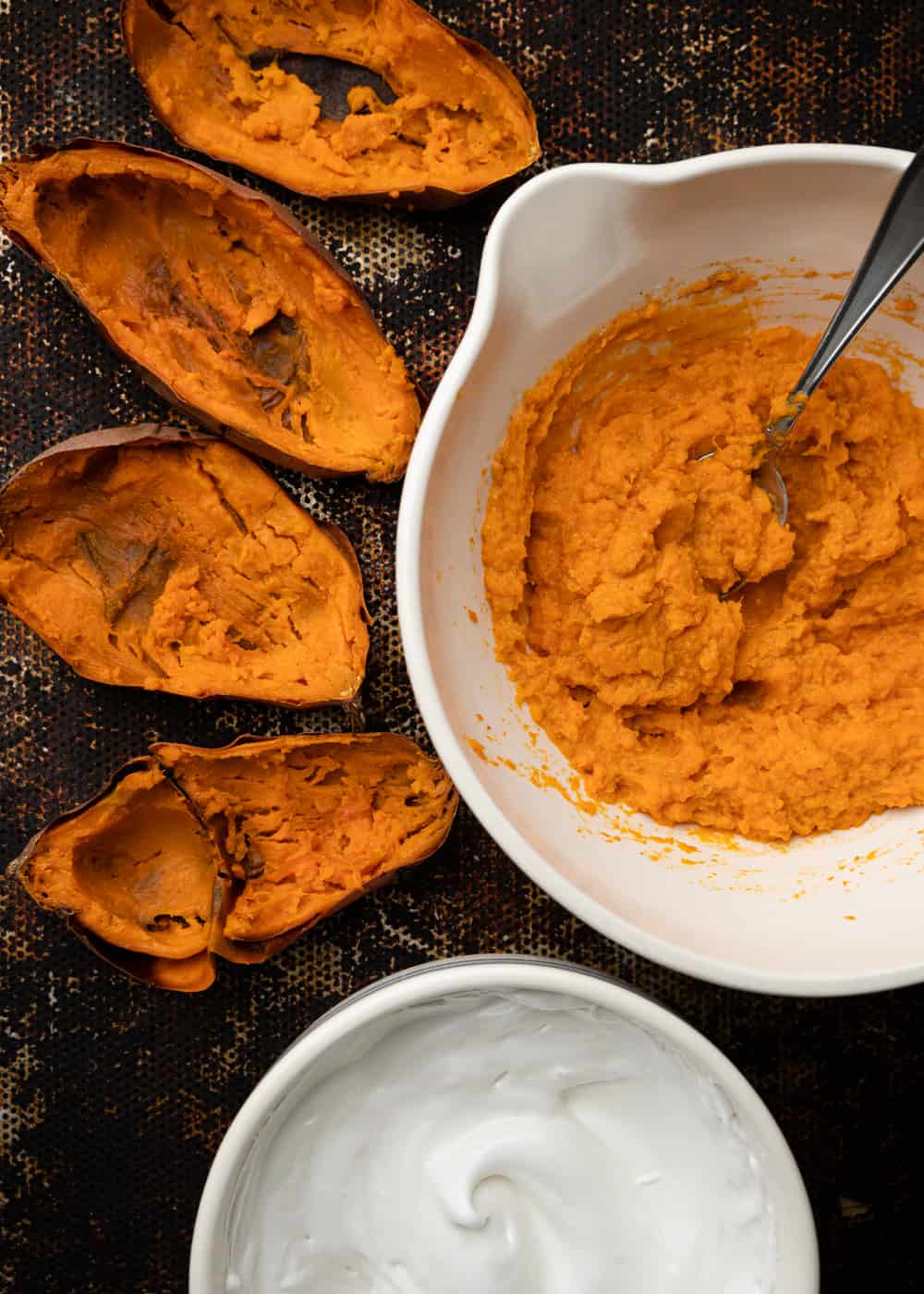 overhead closeup: making stuffed sweet potatoes