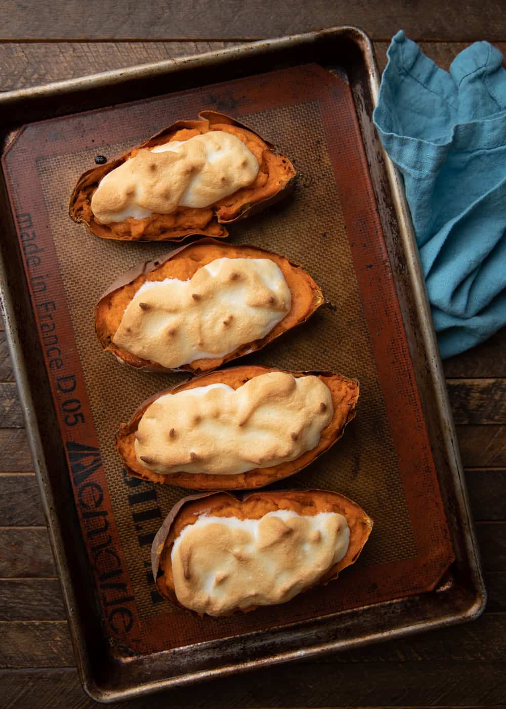 overhead: baked stuffed sweet potatoes recipe topped with meringue