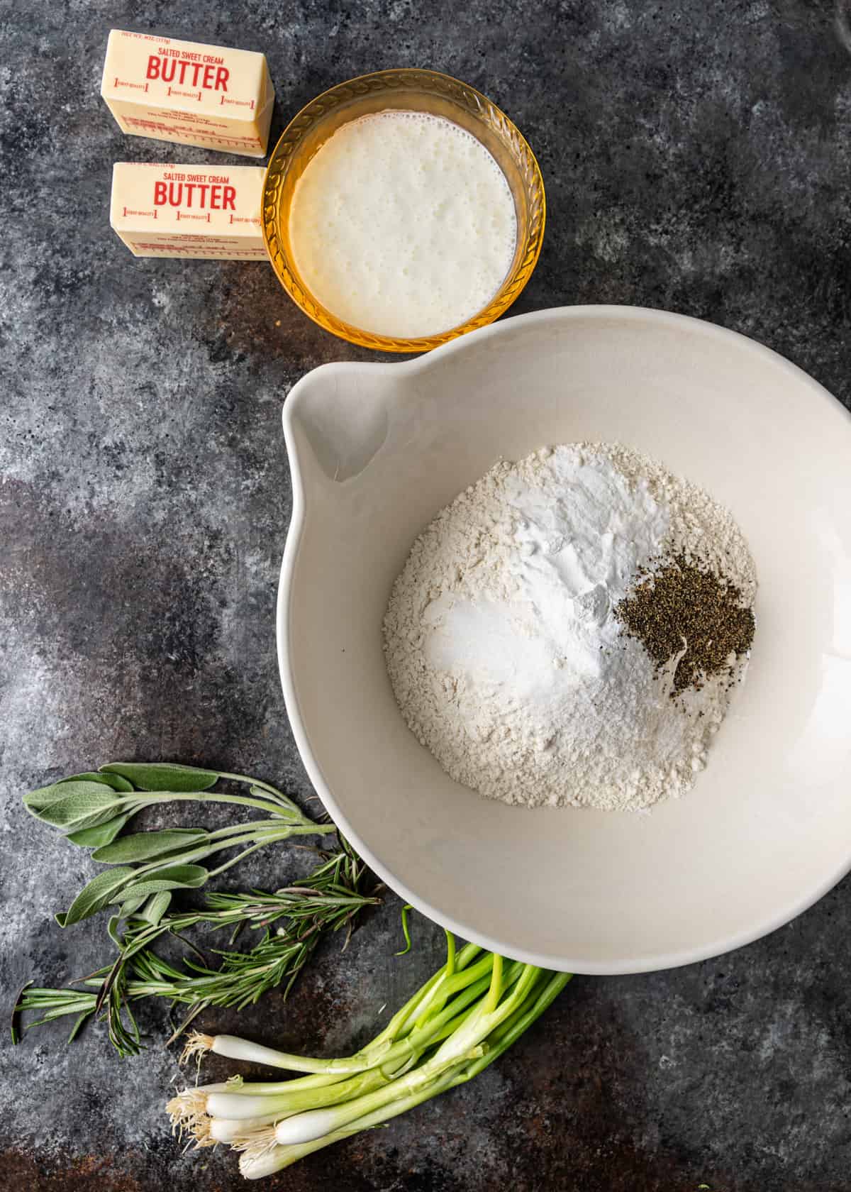 overhead: ingredients needed for this buttermilk biscuits recipe