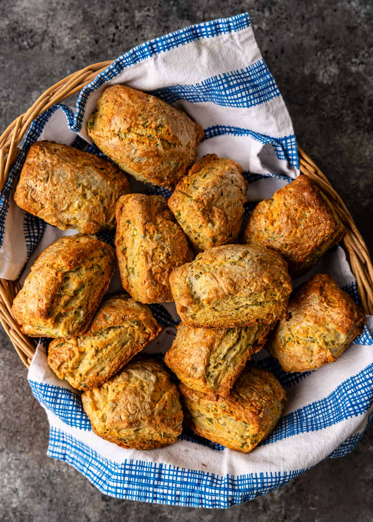 overhead: a basket of stuffing buttermilk biscuits