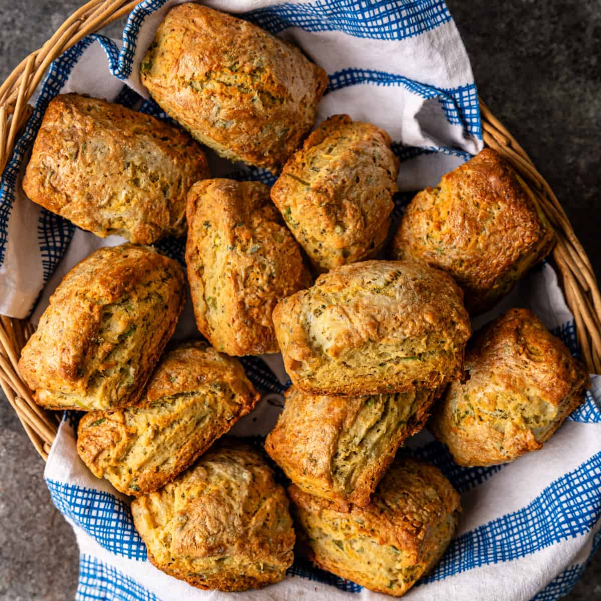 overhead: a basket of buttermilk biscuits made with stuffing