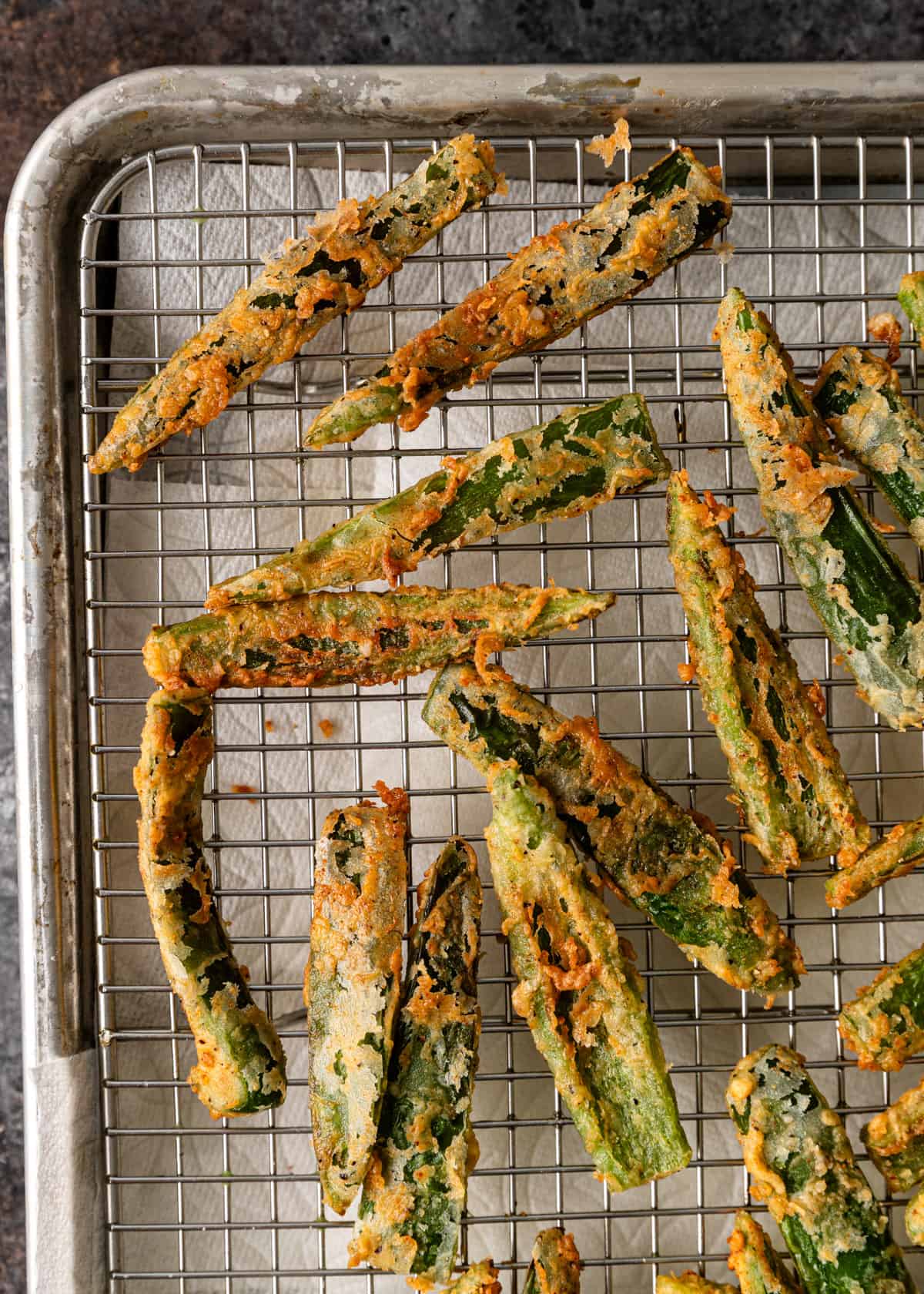 overhead: crispy fried Texas toothpicks cooling on a wire rack