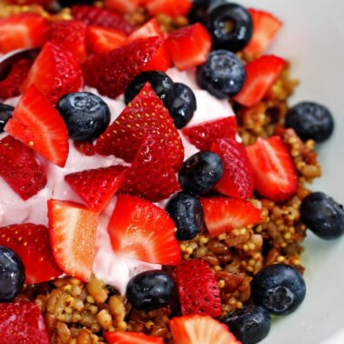 A bowl of fruit salad, with Berry and Wheat berries