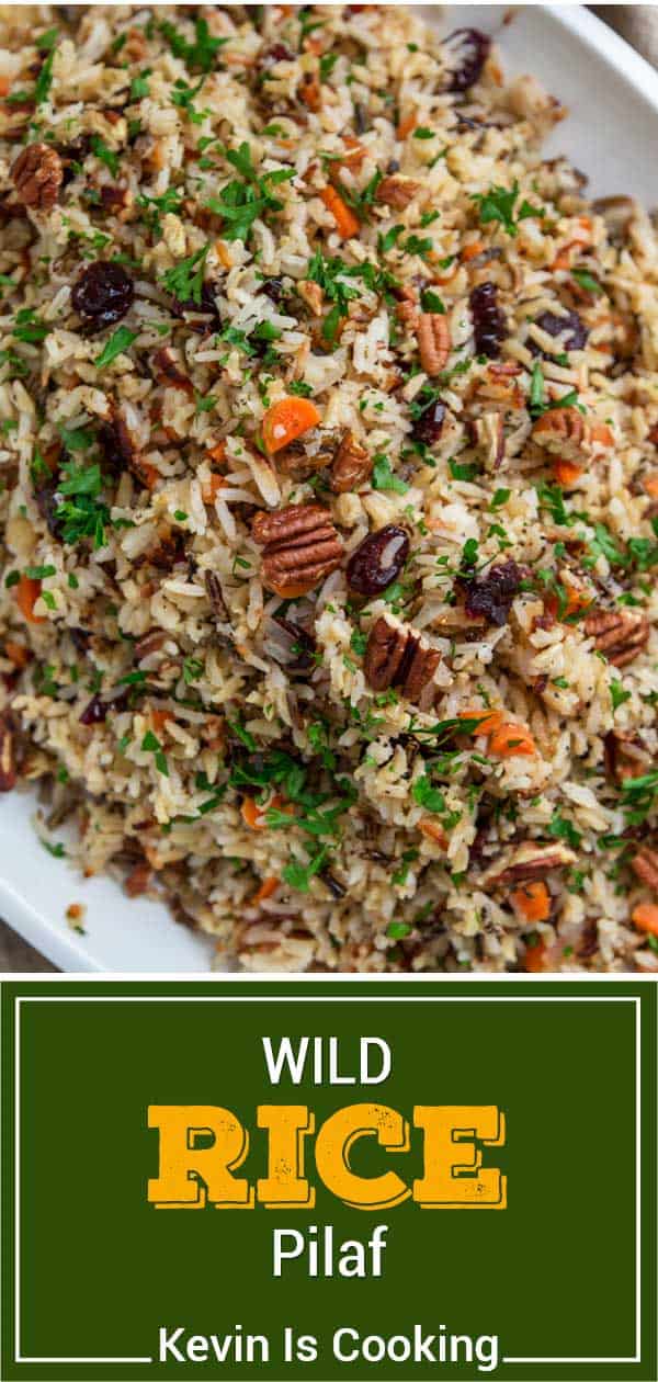 overhead of wild rice pilaf with herbs and chopped nuts