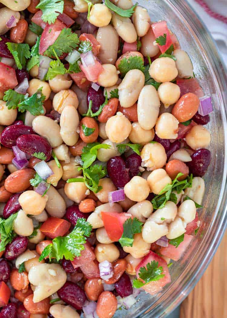 overhead image of cold bean salad with spicy vinaigrette